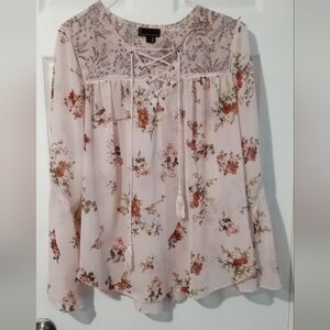 Buffalo David Bitton Floral Sheer Lace-Up Blouse in Pink and Red
